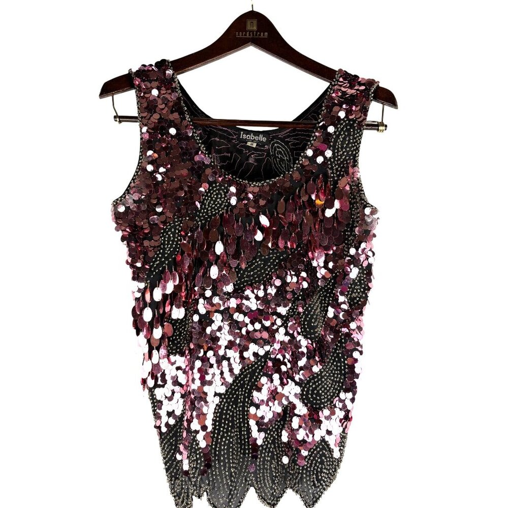 VTG Isabelle Hand Made Pink Sequin Sleeveless Top Artisan Crafted Women's Small